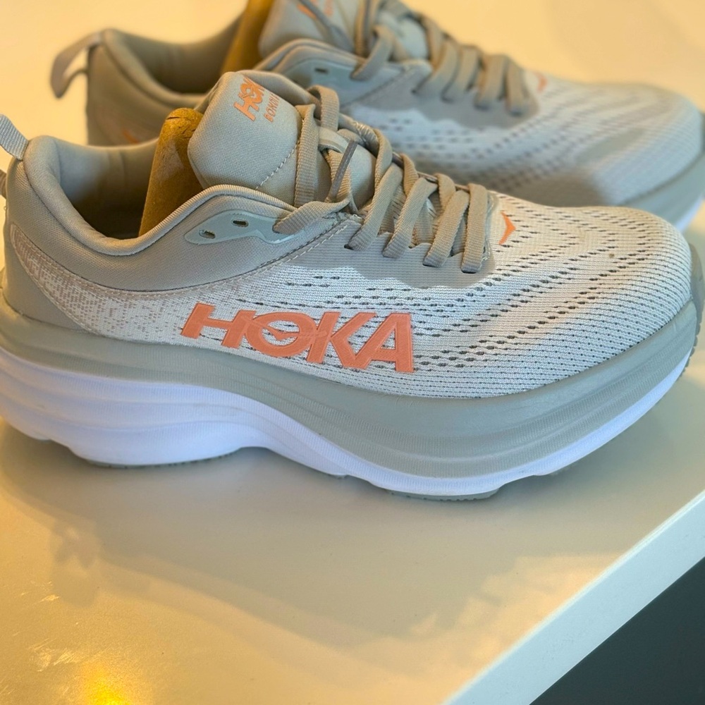 Hoka Womens Bondi 8 Shoes in Gray/Orange